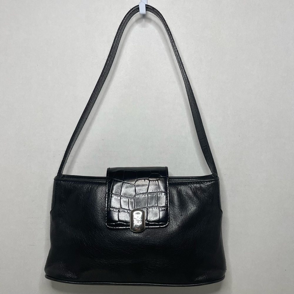 Vintage 90’s Lauren Ralph Lauren Black Leather Shoulder Bag with Crocodile Strap